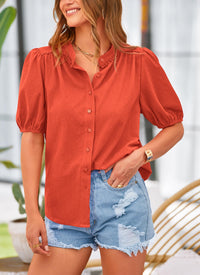 Summer Button Down Short Lantern Sleeve V Neck Cotton Blouses