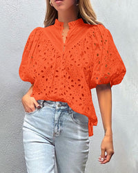 Casual Short Lantern Sleeve V Neck Buttons Hollow Out Lace Embroidered Blouses