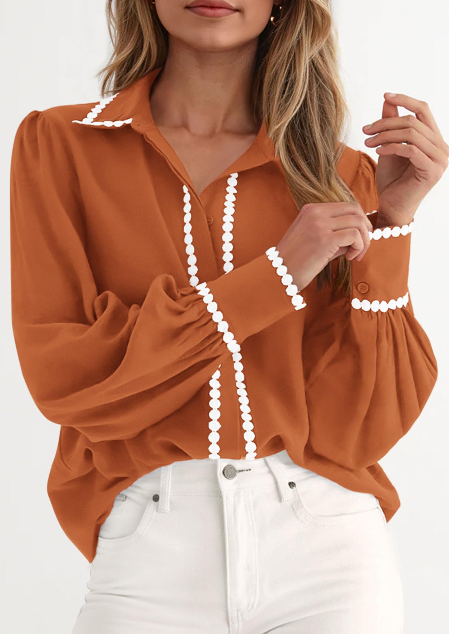 PRETTYGARDEN Womens Long Sleeve Button Down Shirts Trendy V Neck Loose Fit Fall Tops Collared Dressy Casual Blouses