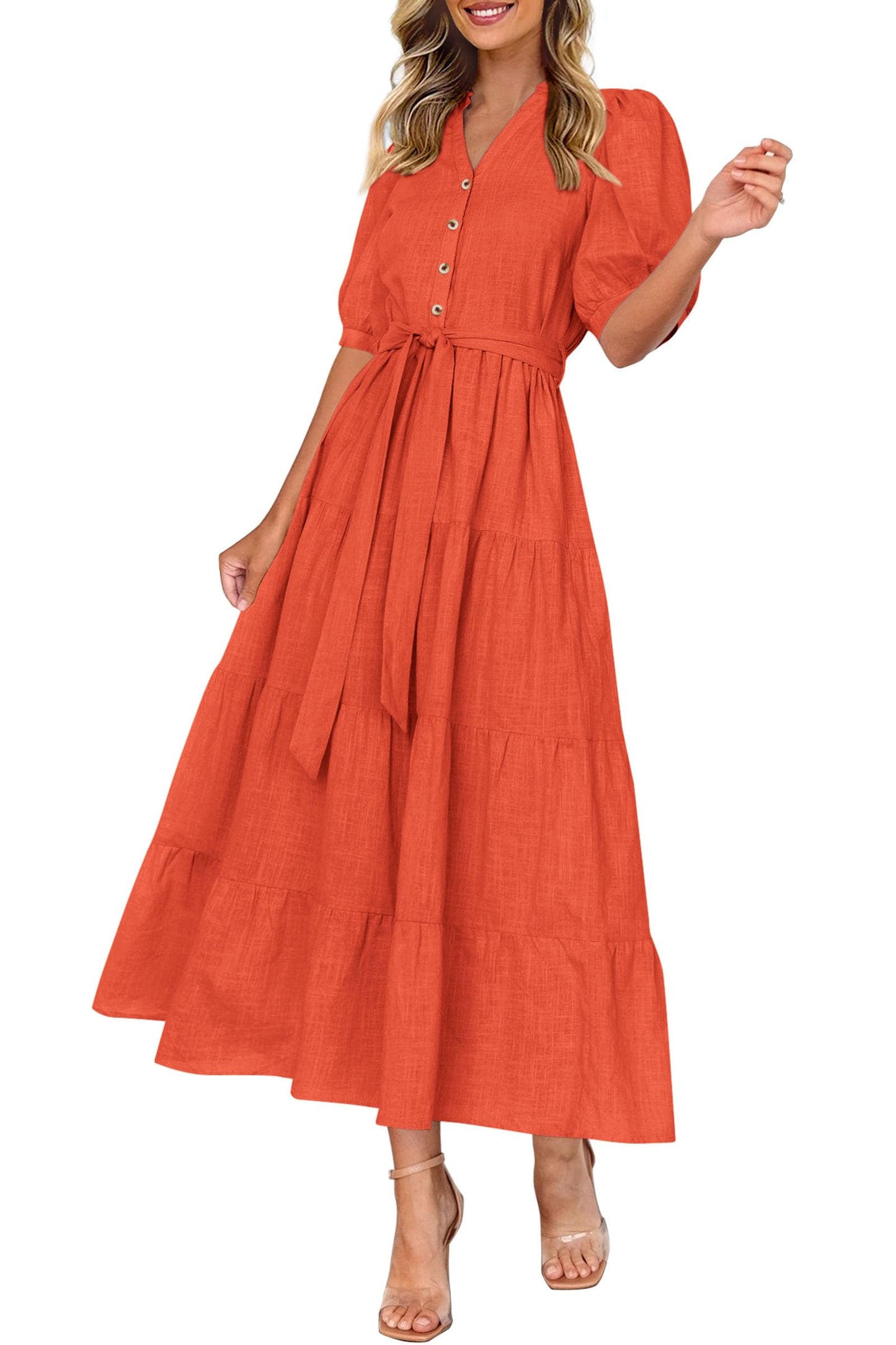 Women's Summer Midi Dress 2025 Casual Short Sleeve V Neck Buttons Belted Ruffle A Line Flowy Dress with Pockets