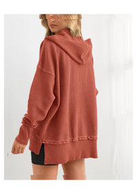 PRETTYGARDEN Womens Fashion Oversized Long Sleeve Hoodie Button Down V Neck Sweatshirt Side Slit Casual Pullover Tops