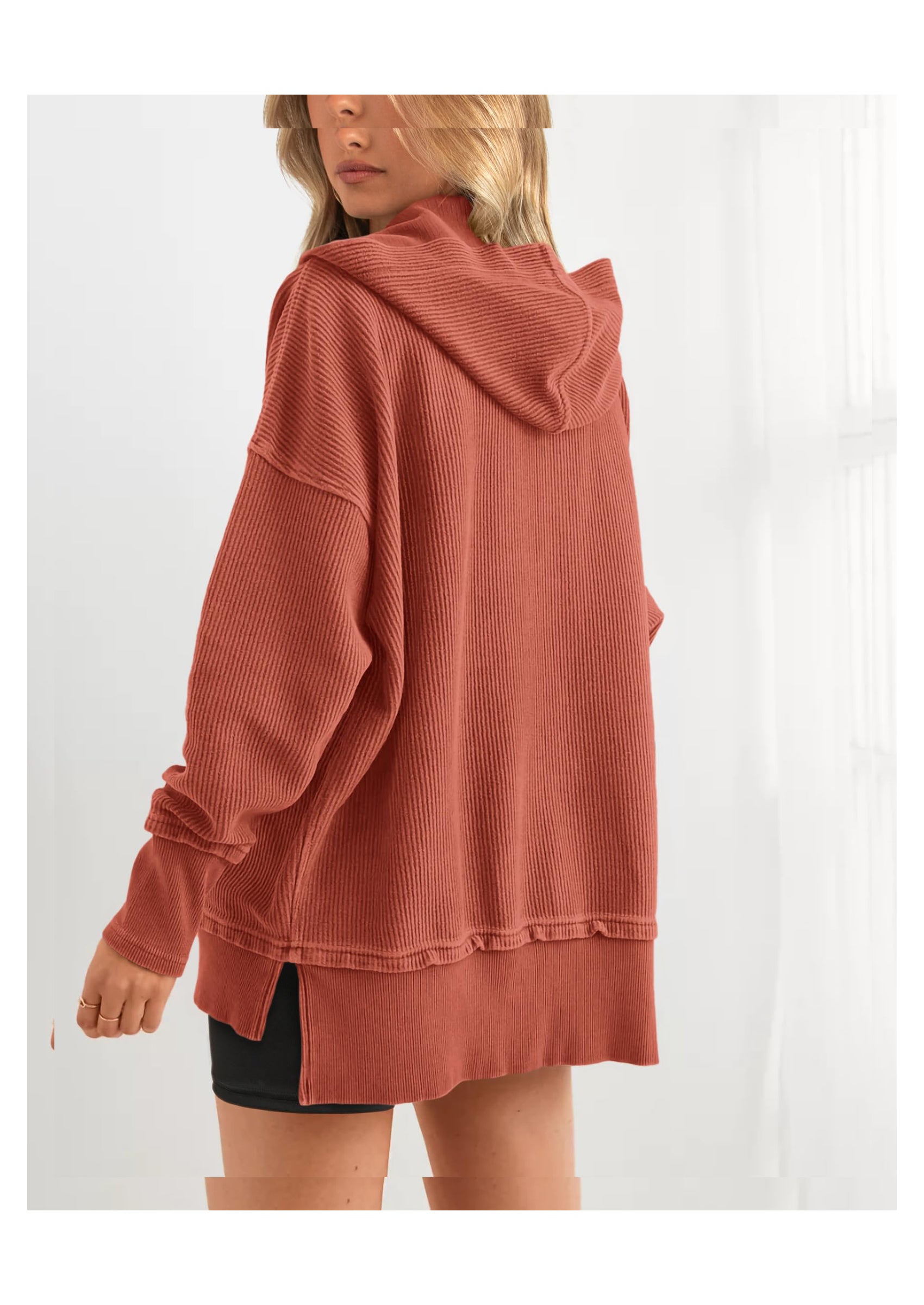 PRETTYGARDEN Womens Fashion Oversized Long Sleeve Hoodie Button Down V Neck Sweatshirt Side Slit Casual Pullover Tops