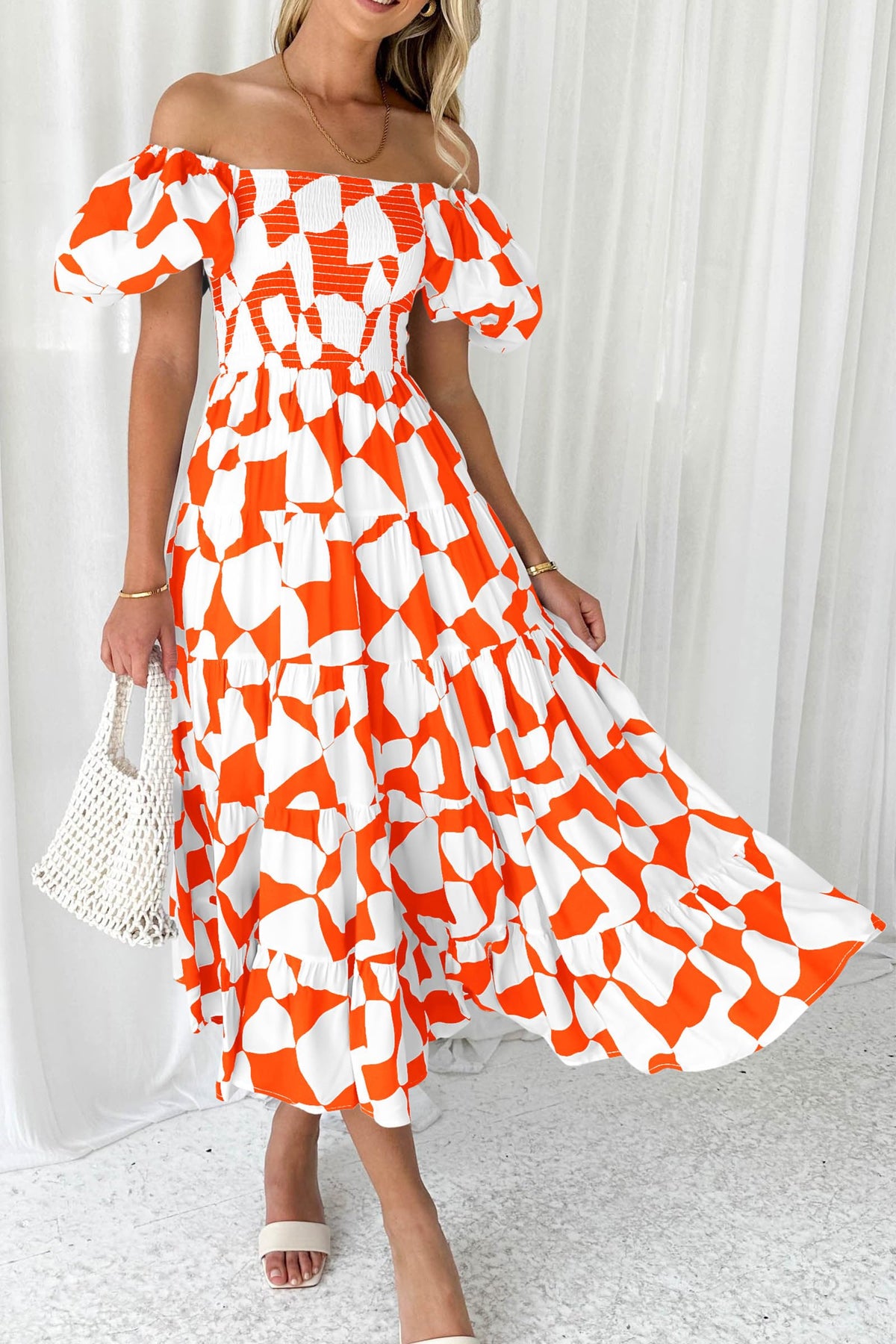 Off Shoulder Puff Sleeve Print Smocked Ruffle Beach Flowy Boho Midi Dress