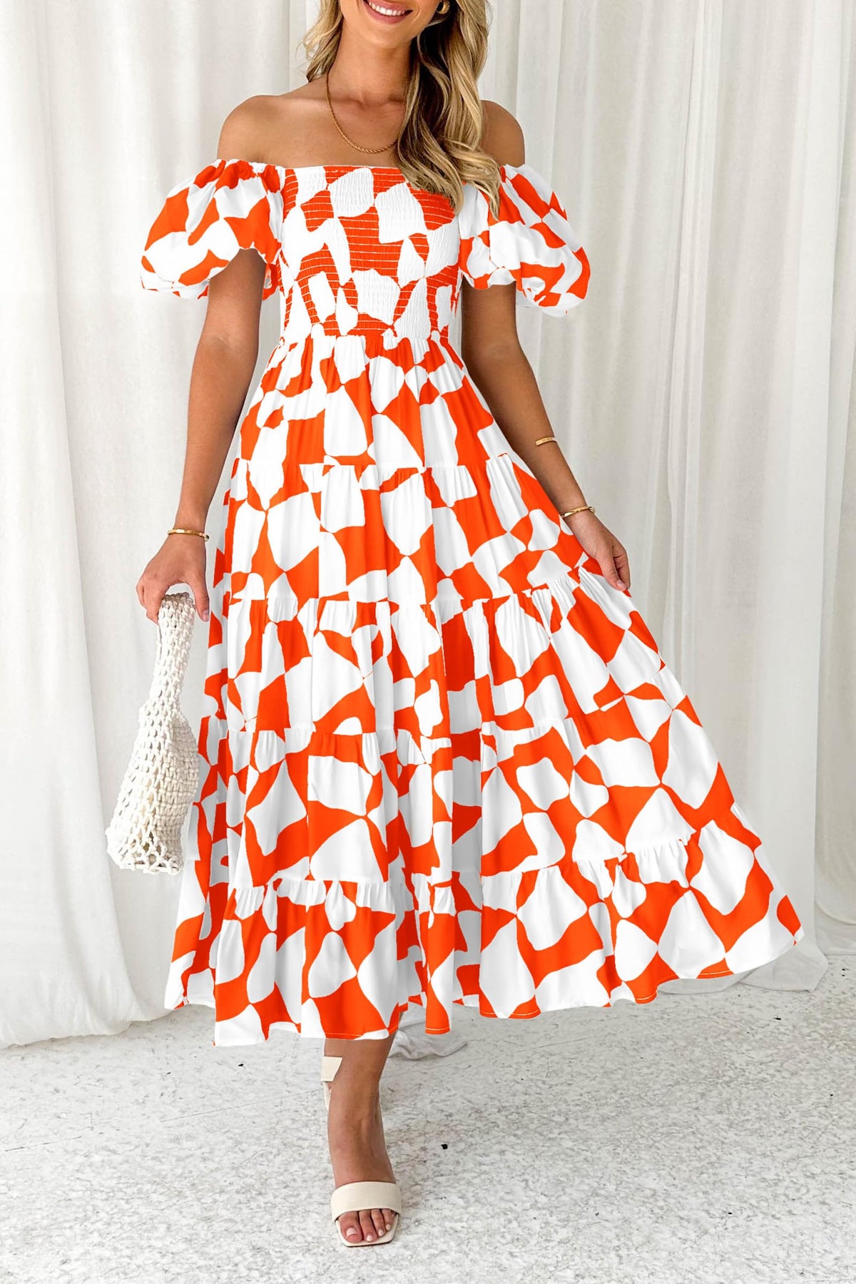 Off Shoulder Puff Sleeve Print Smocked Ruffle Beach Flowy Boho Midi Dress