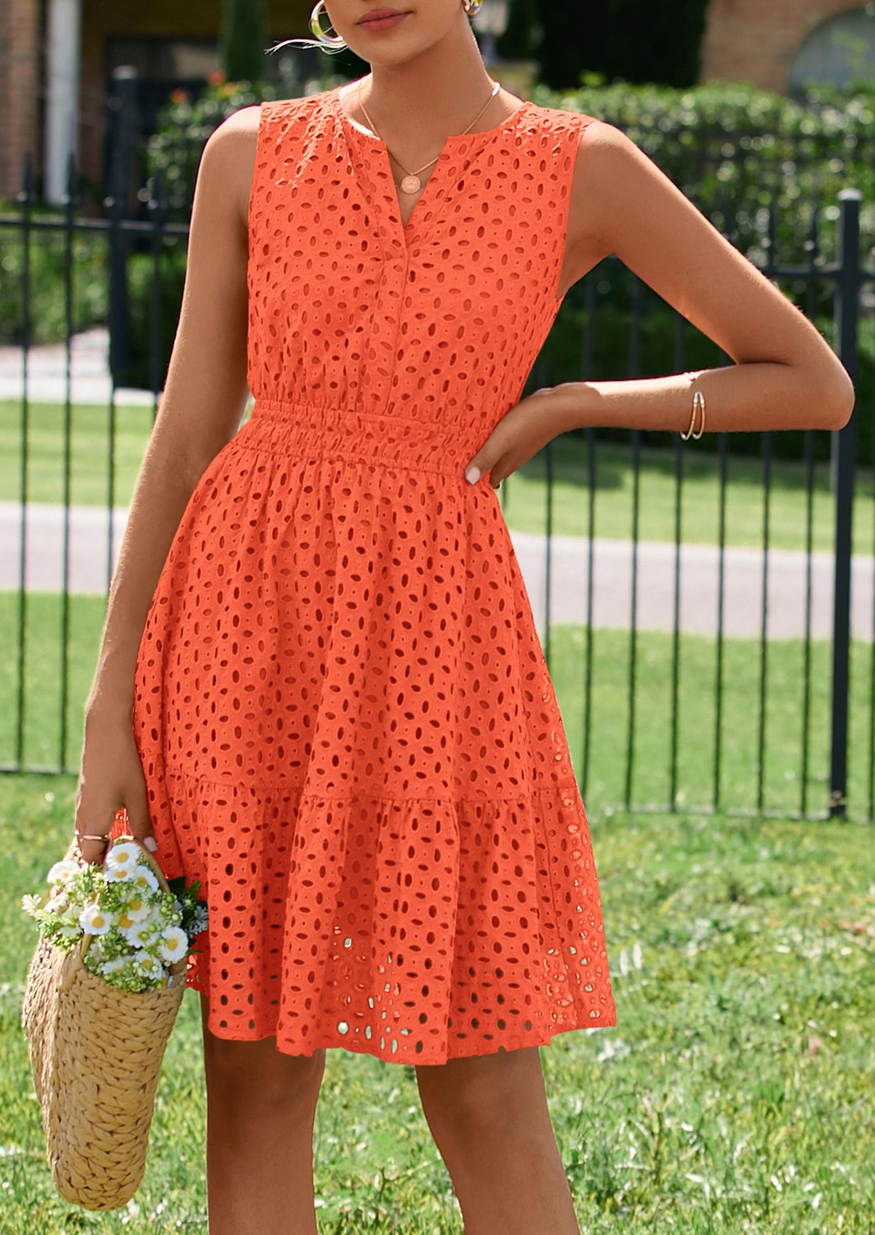 PRETTYGARDEN Women's Summer Dresses Sleeveless V Neck Eyelet Hollow Out Swing A Line Beach Vacation Sun Dress PRETTYGARDEN