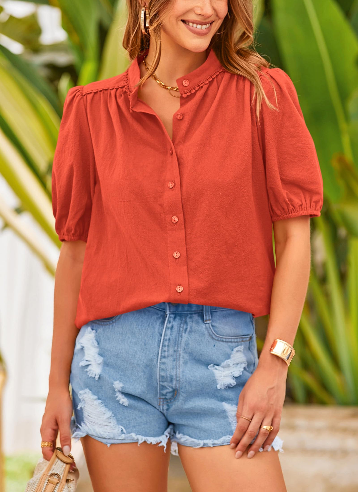 Summer Button Down Short Lantern Sleeve V Neck Cotton Blouses