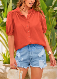 Summer Button Down Short Lantern Sleeve V Neck Cotton Blouses