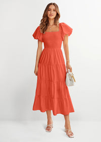 PRETTYGARDEN Women's Summer Casual Midi Dress Puffy Short Sleeve Square Neck Smocked Tiered Ruffle Dresses