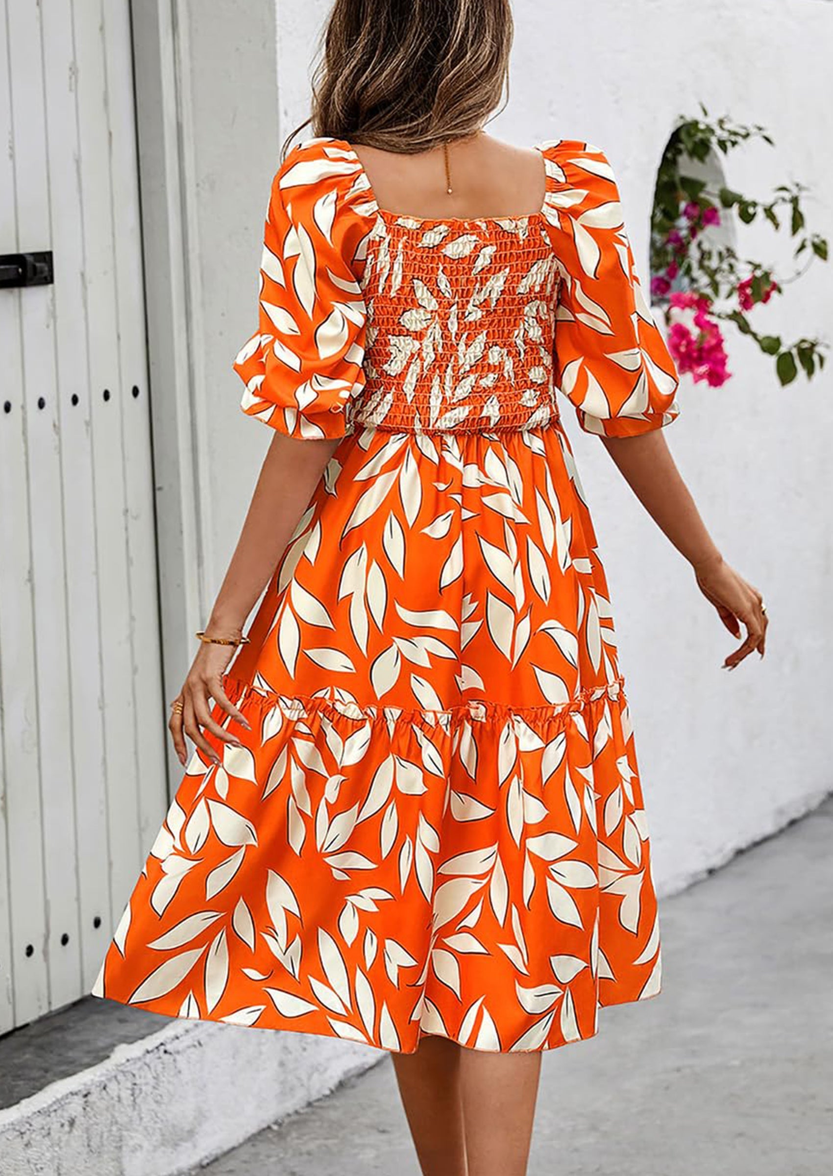 PRETTYGARDEN Women's Summer Casual Dresses Spring Puff Sleeve Square Neck A Line Flowy Boho Floral Smocked Midi Dress PRETTYGARDEN