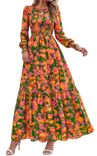 PRETTYGARDEN Womens Long Sleeve Floral Casual Fall Dresses with Pockets Crewneck Smocked Flowy A Line Tiered Boho Maxi Dress, Elegant Classy Wedding Guest Cocktail Party Beach Vacation Outfits