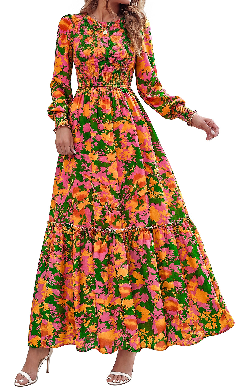 PRETTYGARDEN Womens Long Sleeve Floral Casual Fall Dresses with Pockets Crewneck Smocked Flowy A Line Tiered Boho Maxi Dress, Elegant Classy Wedding Guest Cocktail Party Beach Vacation Outfits