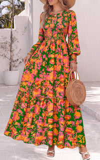 PRETTYGARDEN Womens Long Sleeve Floral Casual Fall Dresses with Pockets Crewneck Smocked Flowy A Line Tiered Boho Maxi Dress, Elegant Classy Wedding Guest Cocktail Party Beach Vacation Outfits