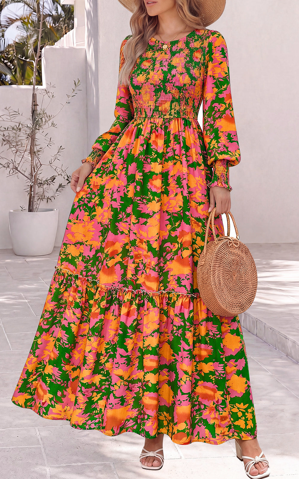 PRETTYGARDEN Womens Long Sleeve Floral Casual Fall Dresses with Pockets Crewneck Smocked Flowy A Line Tiered Boho Maxi Dress, Elegant Classy Wedding Guest Cocktail Party Beach Vacation Outfits