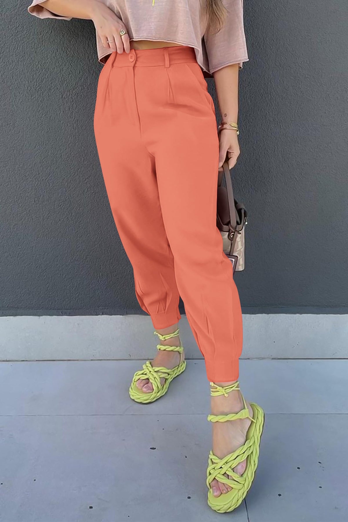 Summer High Waisted Ankle Length Trouser Slacks With Pockets