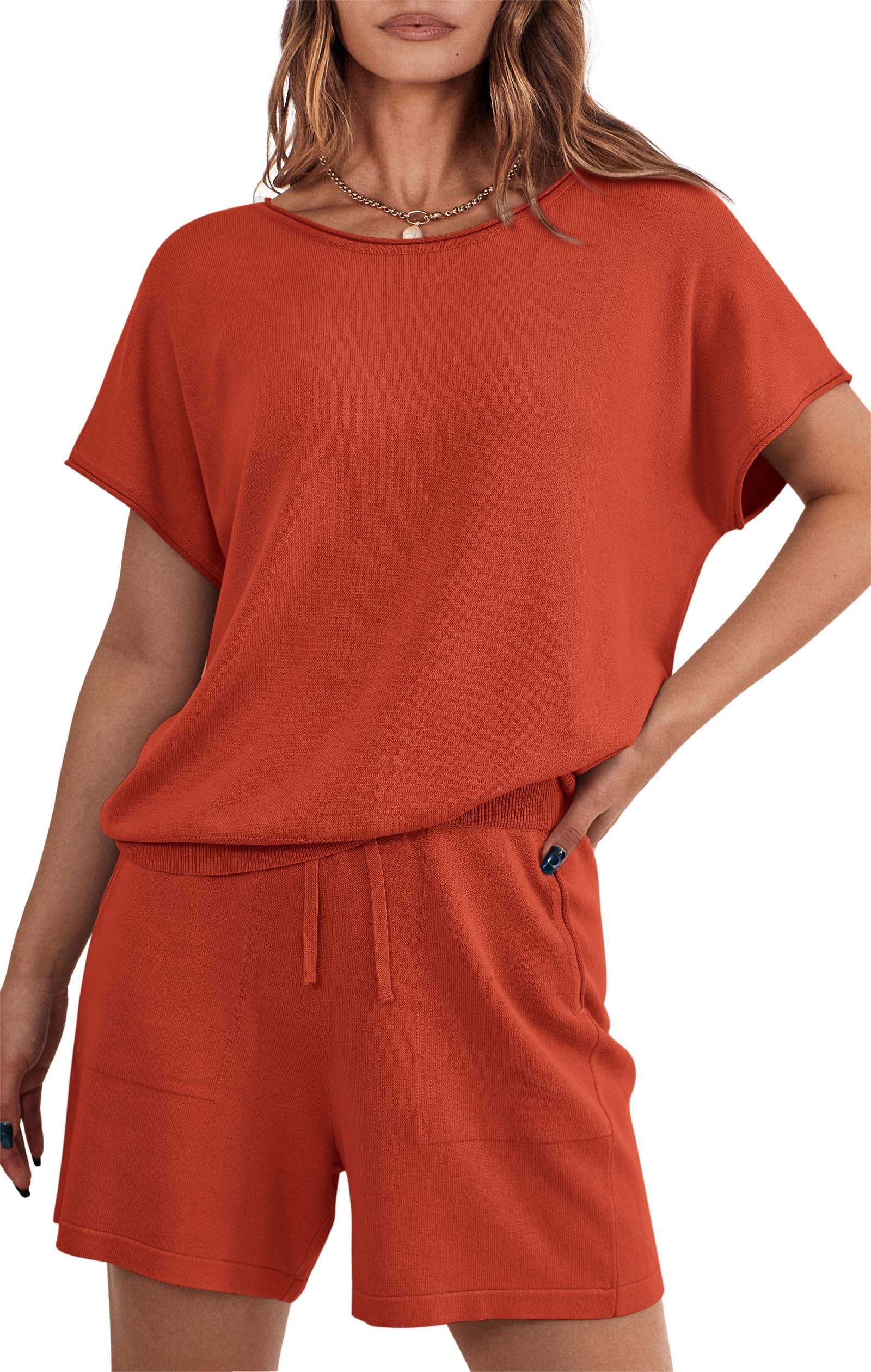 PRETTYGARDEN Two Piece Set for Women Summer Lounge Sets Shorts And Short Sleeve Tops Knitted Matching Travel Spring Outfits PRETTYGARDEN