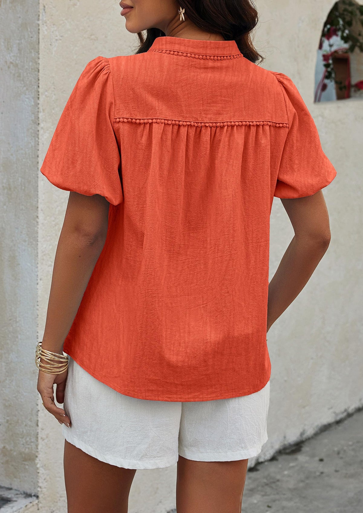 Womens Casual Summer V Neck Short Puff Sleeve Pleated Cotton Loose Dressy Blouses