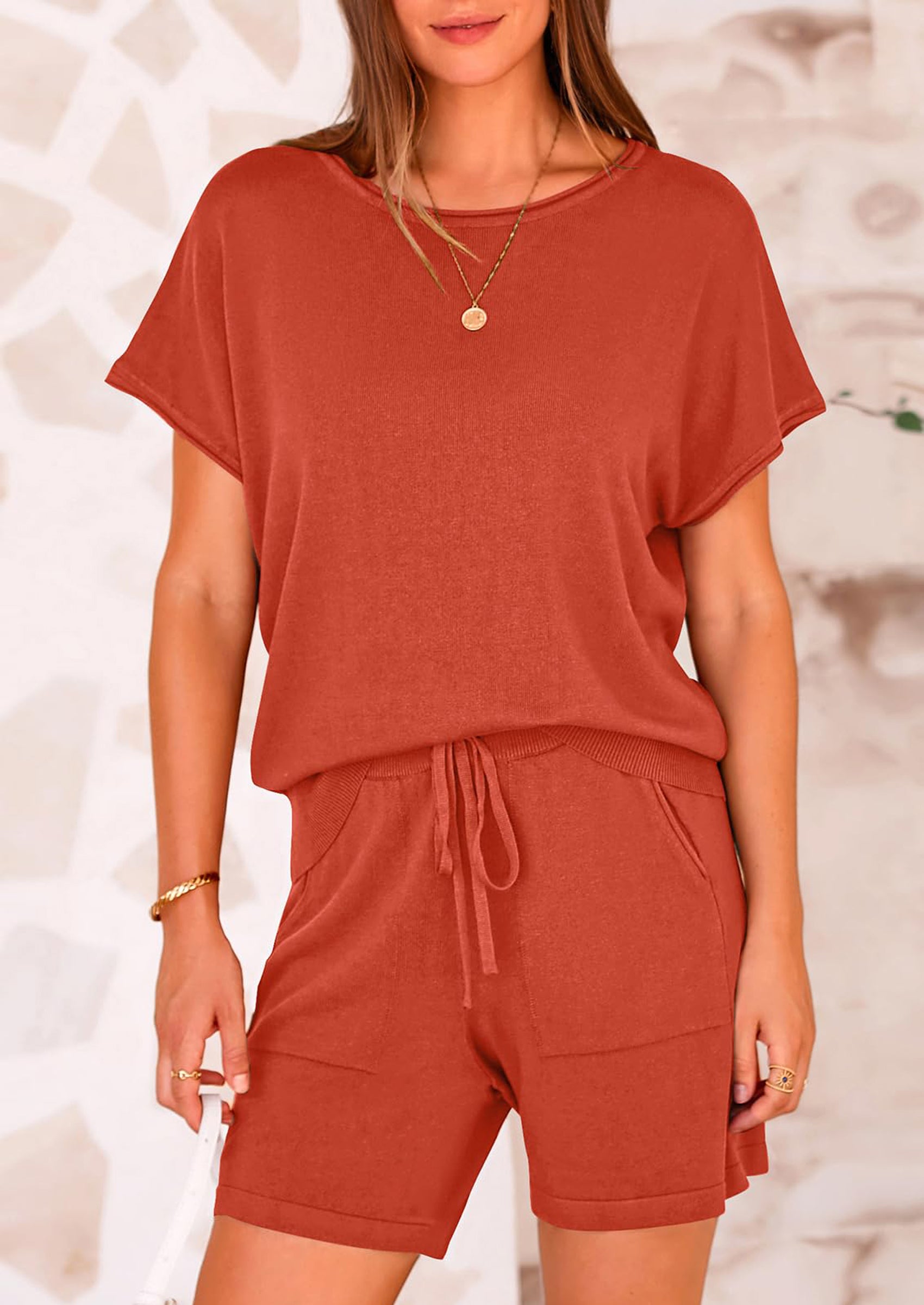 PRETTYGARDEN Two Piece Set for Women Summer Lounge Sets Shorts And Short Sleeve Tops Knitted Matching Travel Spring Outfits PRETTYGARDEN