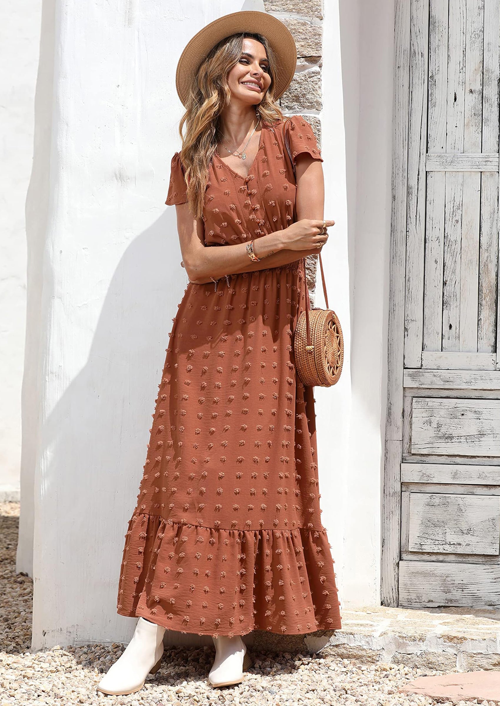 PRETTYGARDEN Womens Dresses Summer Maxi Dress Boho Short Sleeve V Neck Swiss Dot Ruffle Tiered Smocked Flowy Long Dress PRETTYGARDEN