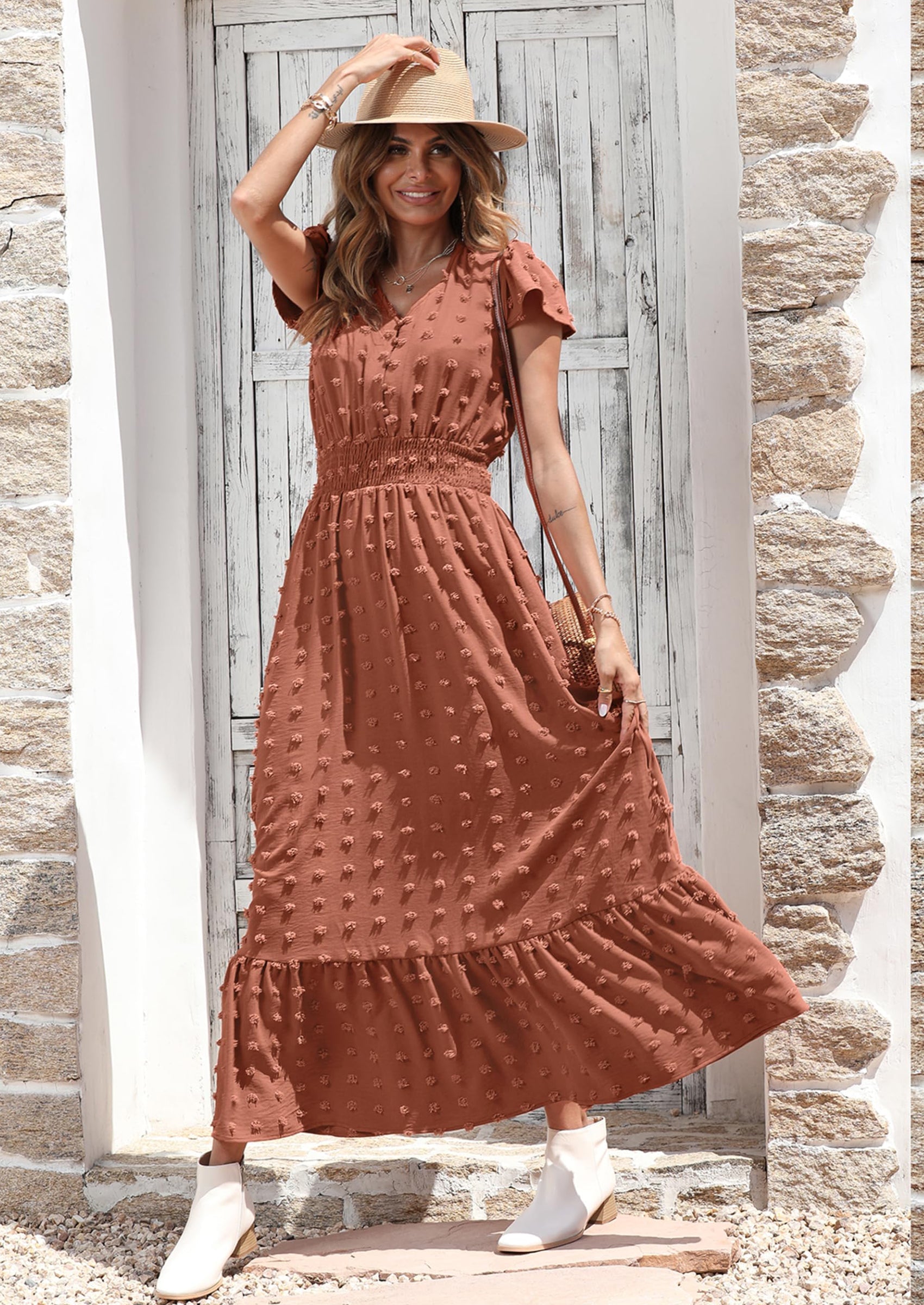 PRETTYGARDEN Womens Dresses Summer Maxi Dress Boho Short Sleeve V Neck Swiss Dot Ruffle Tiered Smocked Flowy Long Dress PRETTYGARDEN