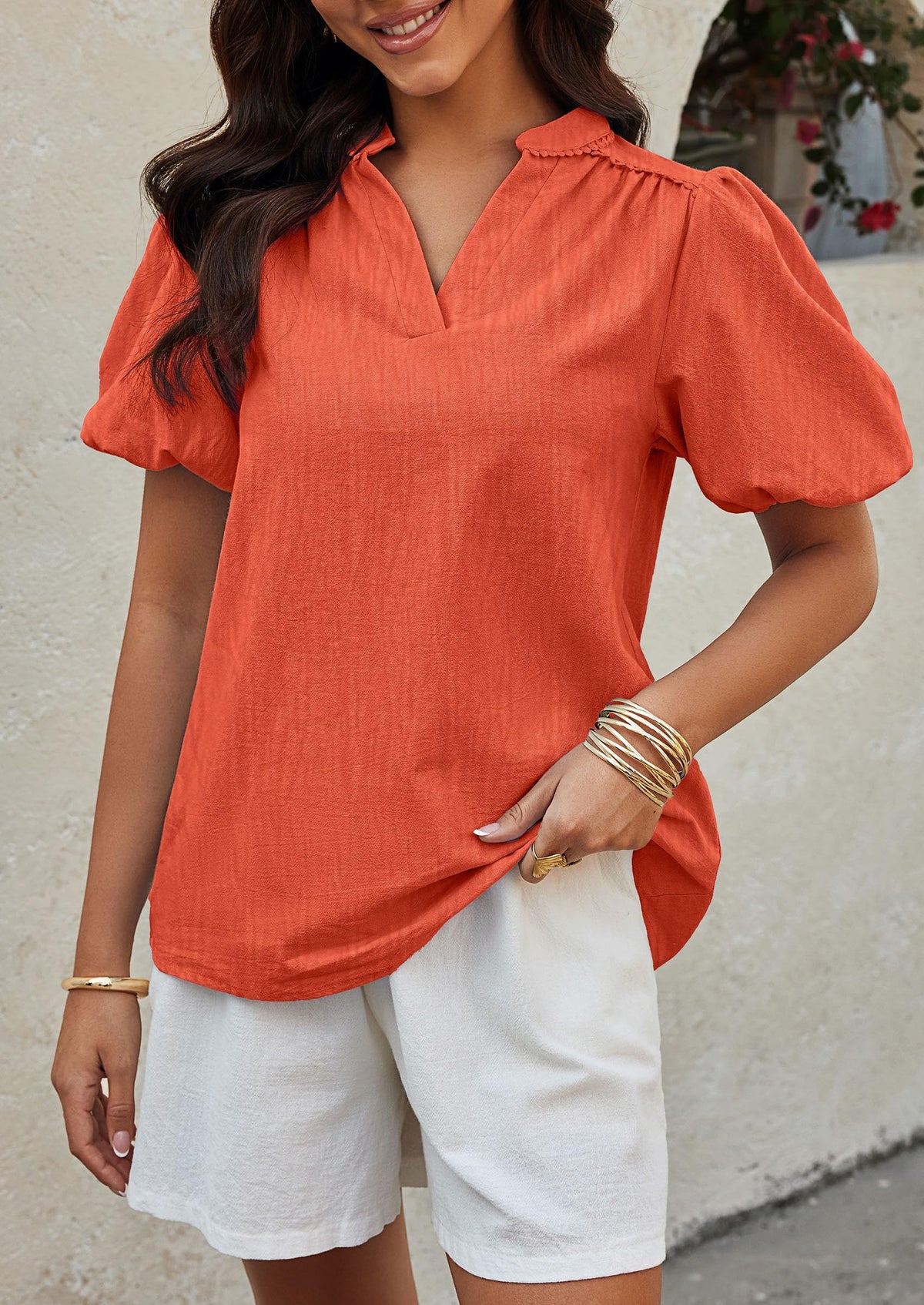 Womens Casual Summer V Neck Short Puff Sleeve Pleated Cotton Loose Dressy Blouses