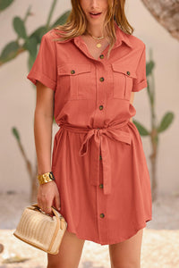 Casual Summer Short Sleeve Button Down V Neck Collared Belted Pocket Dresses