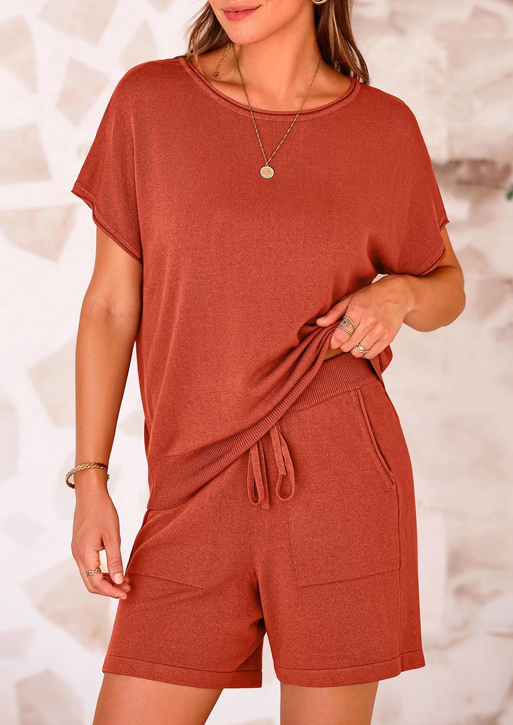 PRETTYGARDEN Two Piece Set for Women Summer Lounge Sets Shorts And Short Sleeve Tops Knitted Matching Travel Spring Outfits PRETTYGARDEN