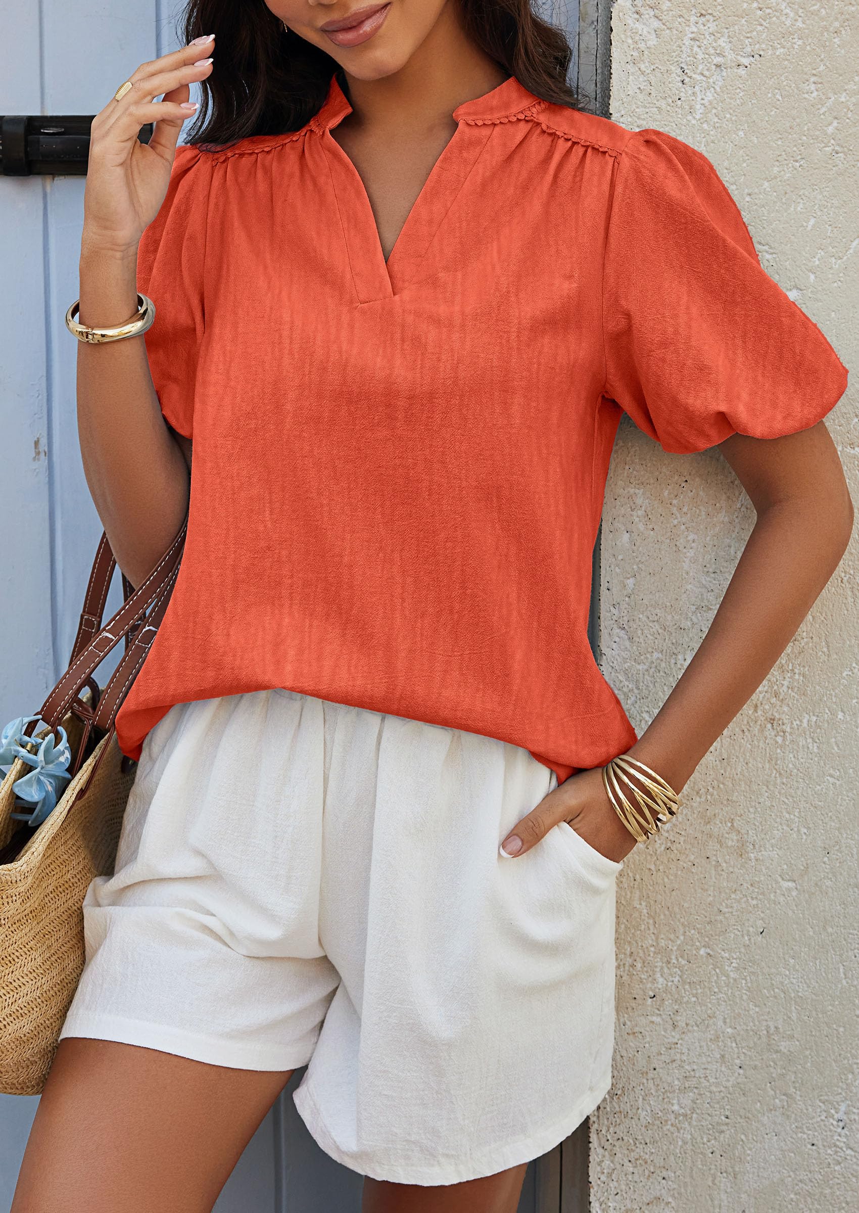 PRETTYGARDEN Womens Casual Summer Tops V Neck Short Puff Sleeve Pleated Cotton T Shirts Loose Dressy Blouses