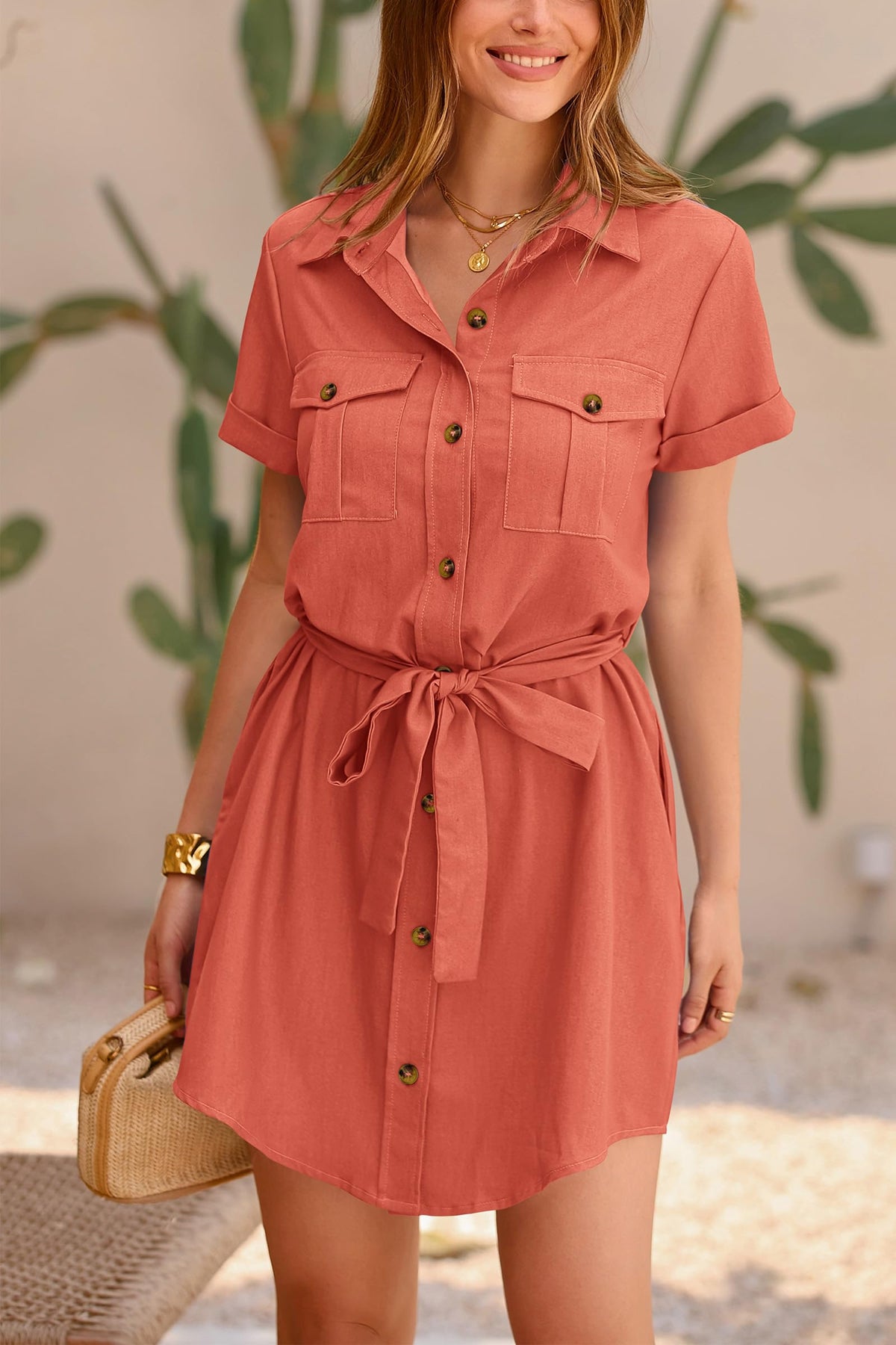 Casual Summer Short Sleeve Button Down V Neck Collared Belted Pocket Dresses