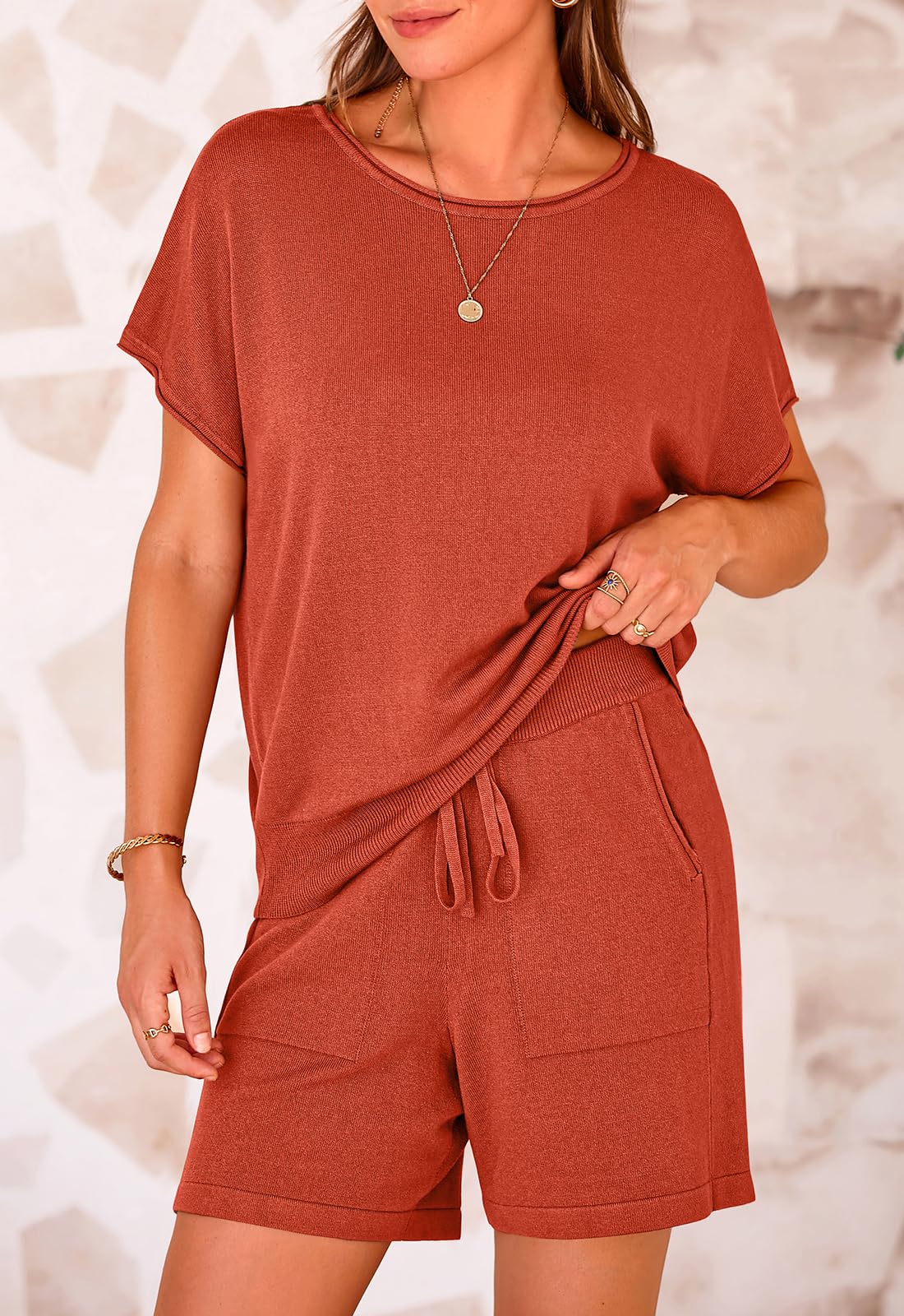 PRETTYGARDEN Two Piece Set for Women Summer Lounge Sets Shorts And Short Sleeve Tops Knitted Matching Travel Spring Outfits PRETTYGARDEN