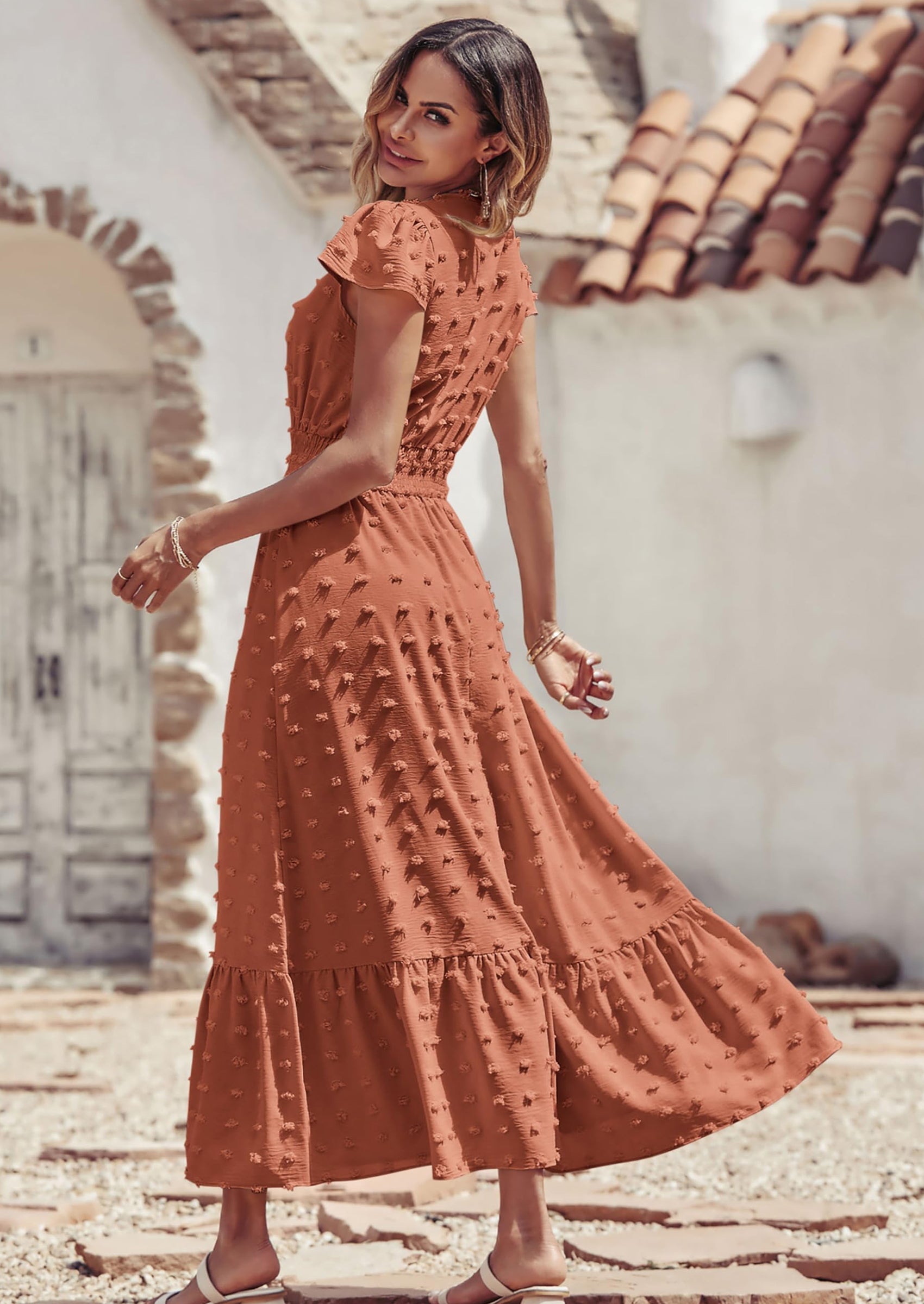 PRETTYGARDEN Womens Dresses Summer Maxi Dress Boho Short Sleeve V Neck Swiss Dot Ruffle Tiered Smocked Flowy Long Dress PRETTYGARDEN