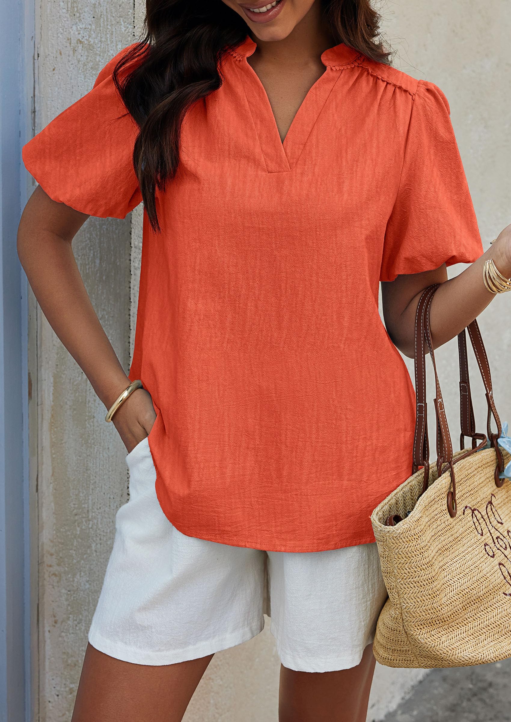 PRETTYGARDEN Womens Casual Summer Tops V Neck Short Puff Sleeve Pleated Cotton T Shirts Loose Dressy Blouses