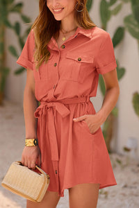 Casual Summer Short Sleeve Button Down V Neck Collared Belted Pocket Dresses