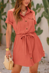 Casual Summer Short Sleeve Button Down V Neck Collared Belted Pocket Dresses