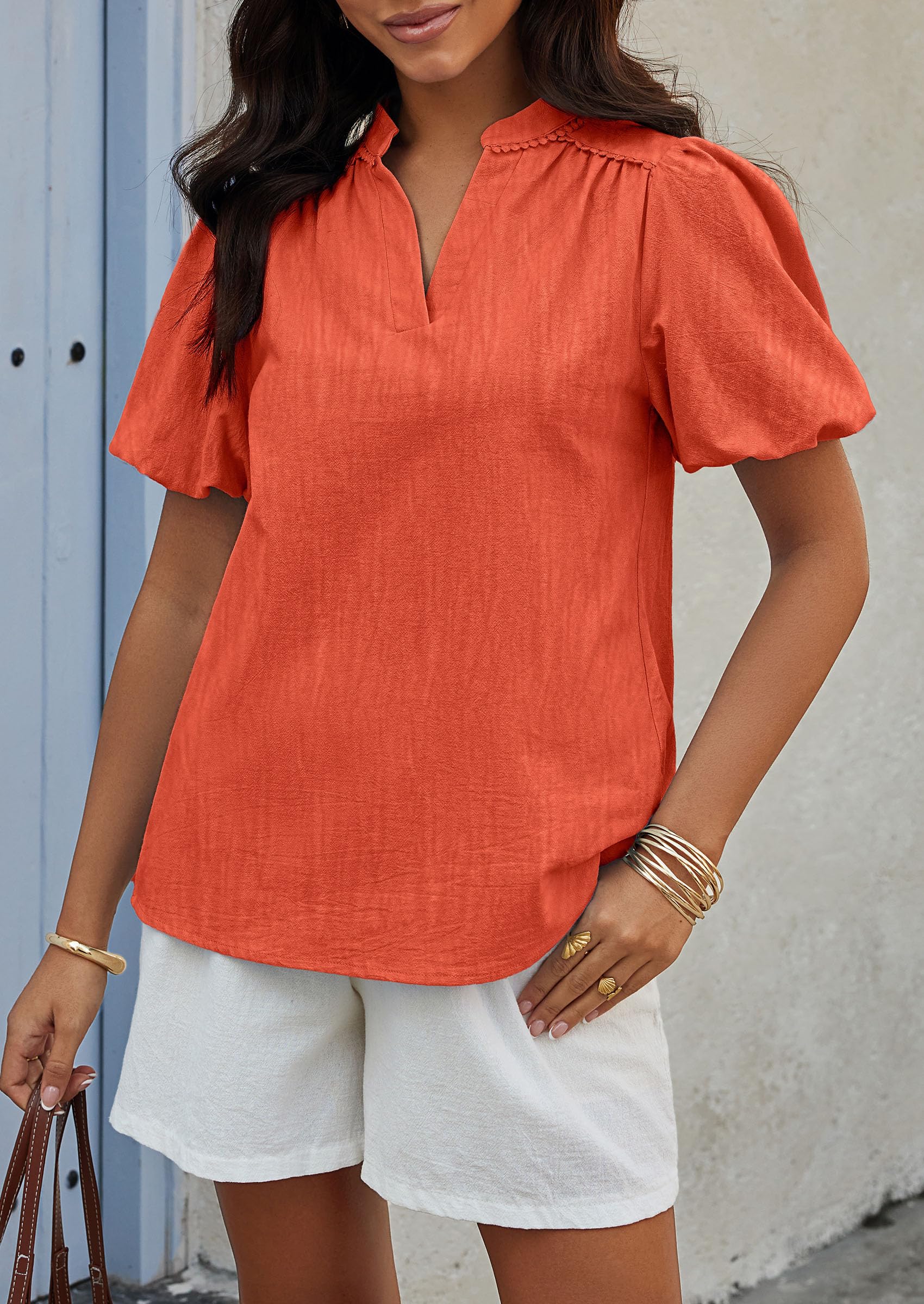 PRETTYGARDEN Womens Casual Summer Tops V Neck Short Puff Sleeve Pleated Cotton T Shirts Loose Dressy Blouses