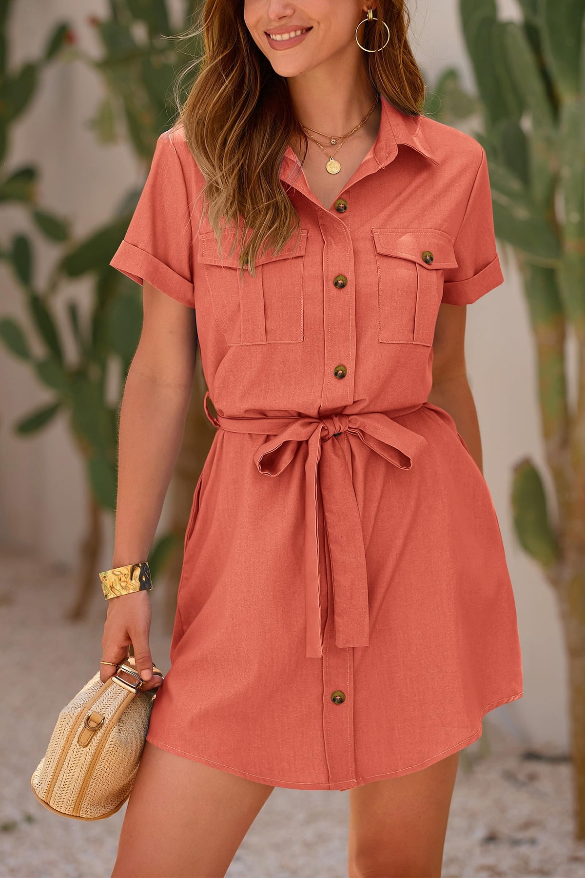 Casual Summer Short Sleeve Button Down V Neck Collared Belted Pocket Dresses