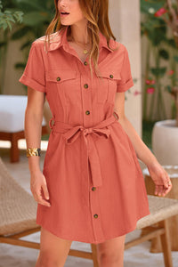 Casual Summer Short Sleeve Button Down V Neck Collared Belted Pocket Dresses