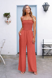 Linen Smocked Spaghetti Strap Pockets Wide Leg Rompers