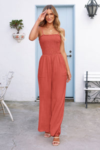 Linen Smocked Spaghetti Strap Pockets Wide Leg Rompers