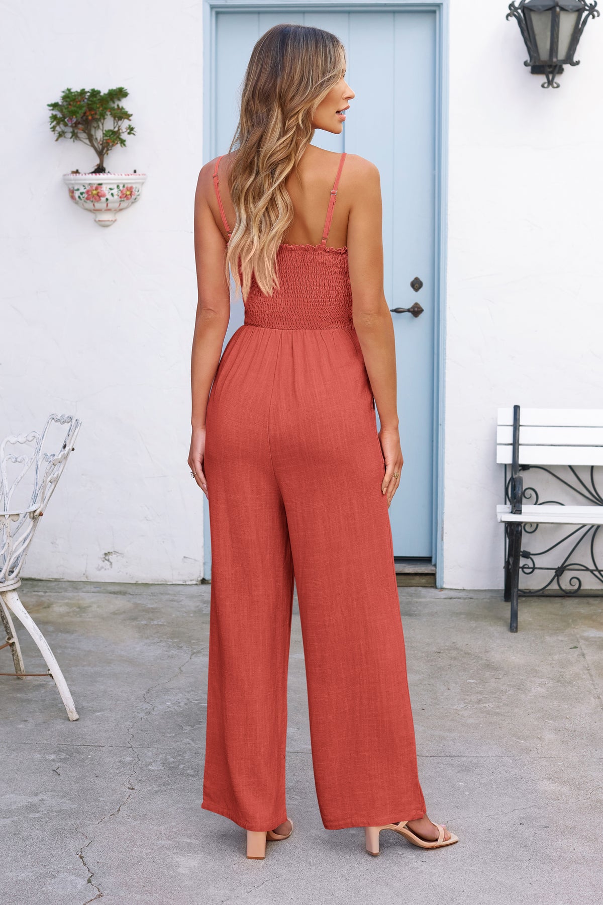 Linen Smocked Spaghetti Strap Pockets Wide Leg Rompers