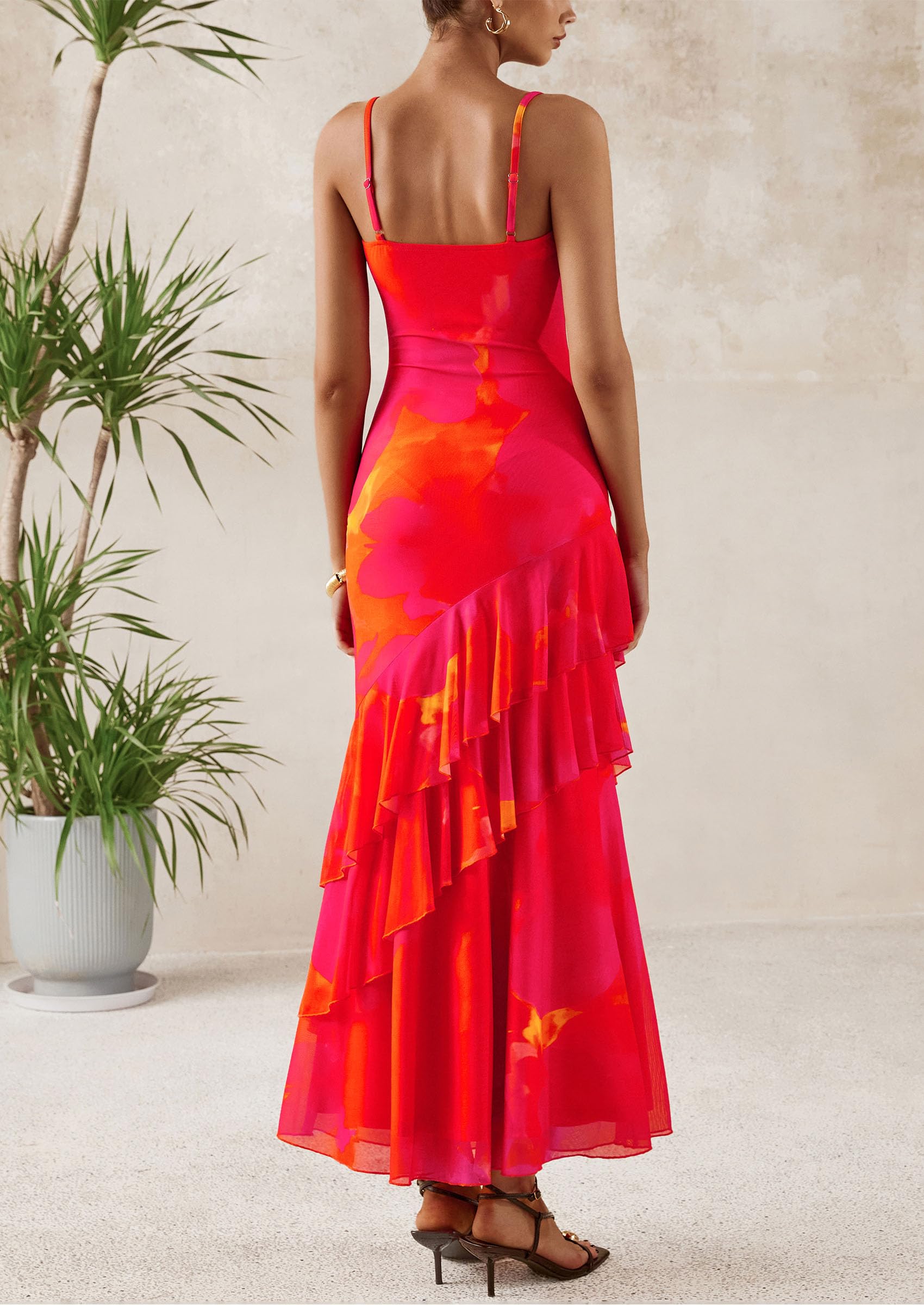 PRETTYGARDEN Maxi Dresses for Women Floral Beach Sundress Spaghetti Strap Tiered Wedding Guest Long Dress