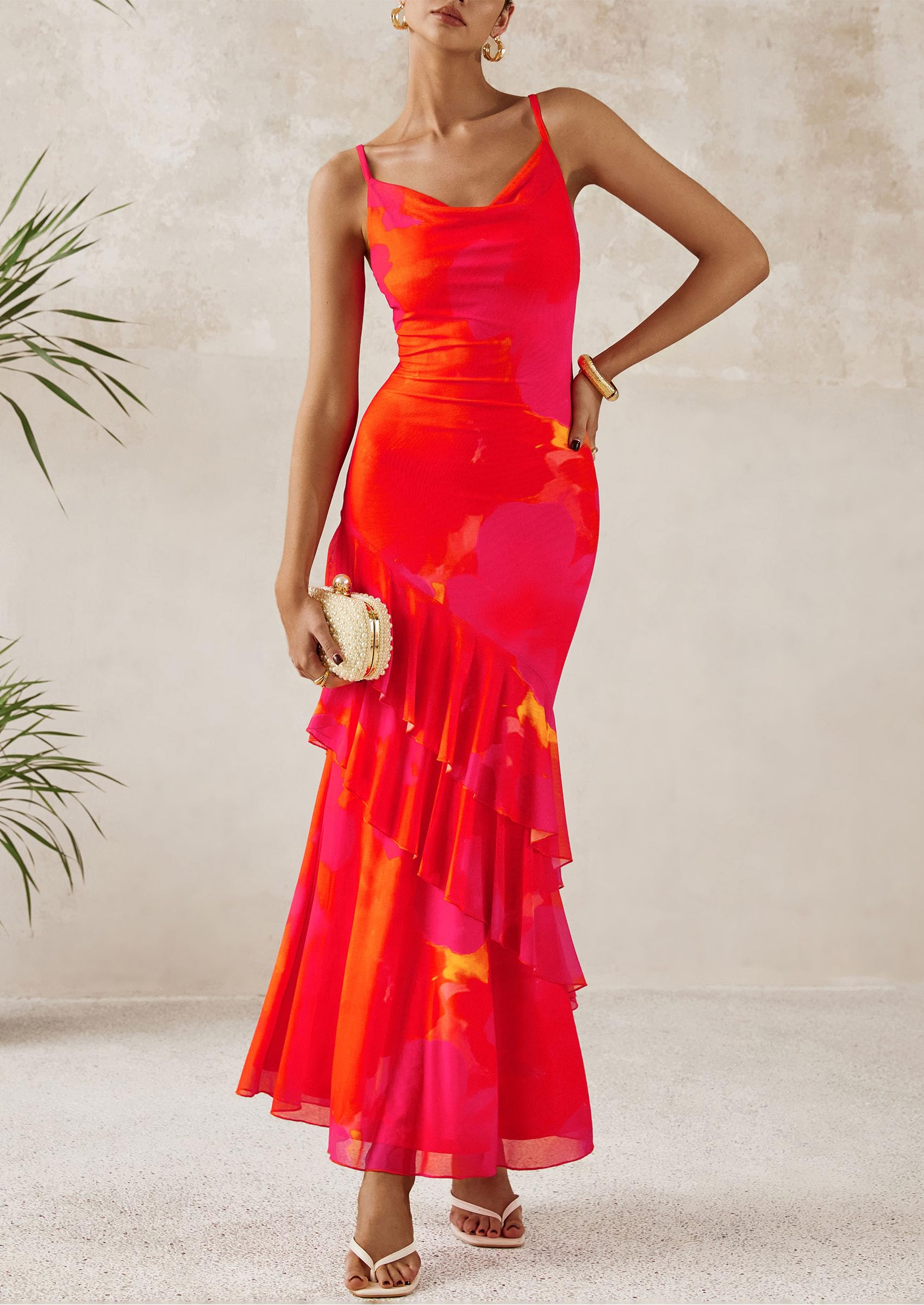 PRETTYGARDEN Maxi Dresses for Women Floral Beach Sundress Spaghetti Strap Tiered Wedding Guest Long Dress