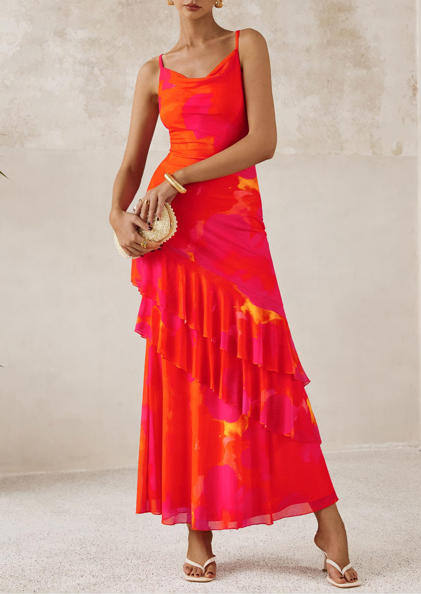 PRETTYGARDEN Maxi Dresses for Women Floral Beach Sundress Spaghetti Strap Tiered Wedding Guest Long Dress