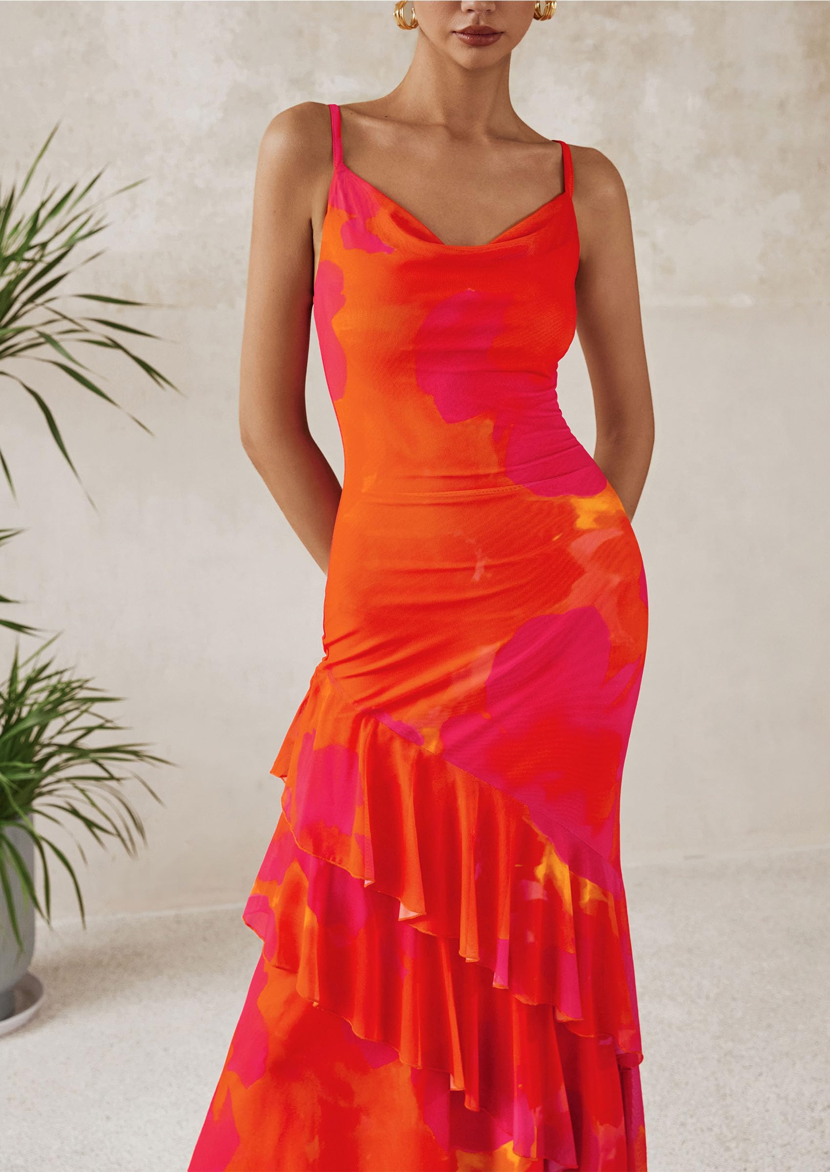 PRETTYGARDEN Maxi Dresses for Women Floral Beach Sundress Spaghetti Strap Tiered Wedding Guest Long Dress