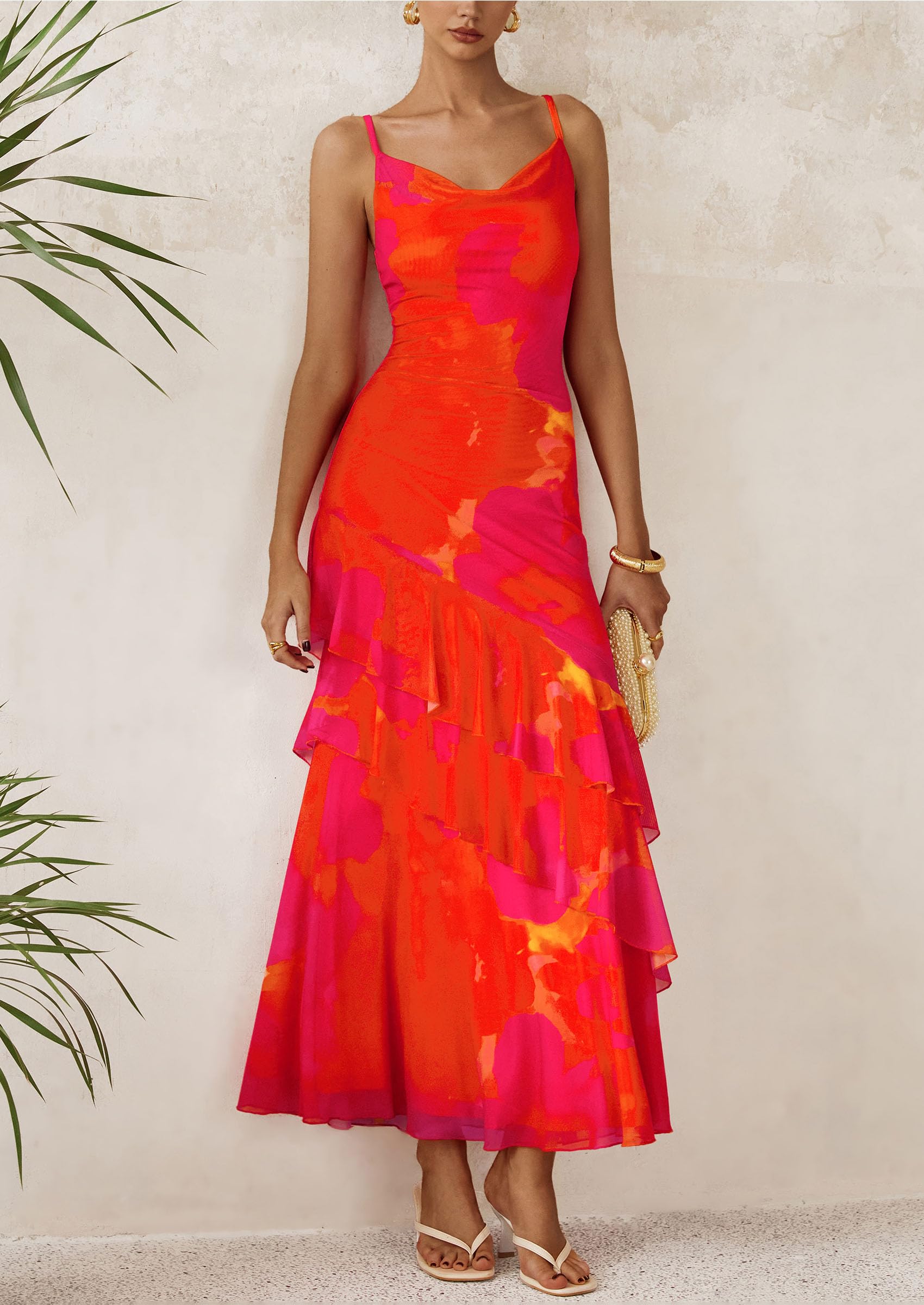 PRETTYGARDEN Maxi Dresses for Women Floral Beach Sundress Spaghetti Strap Tiered Wedding Guest Long Dress