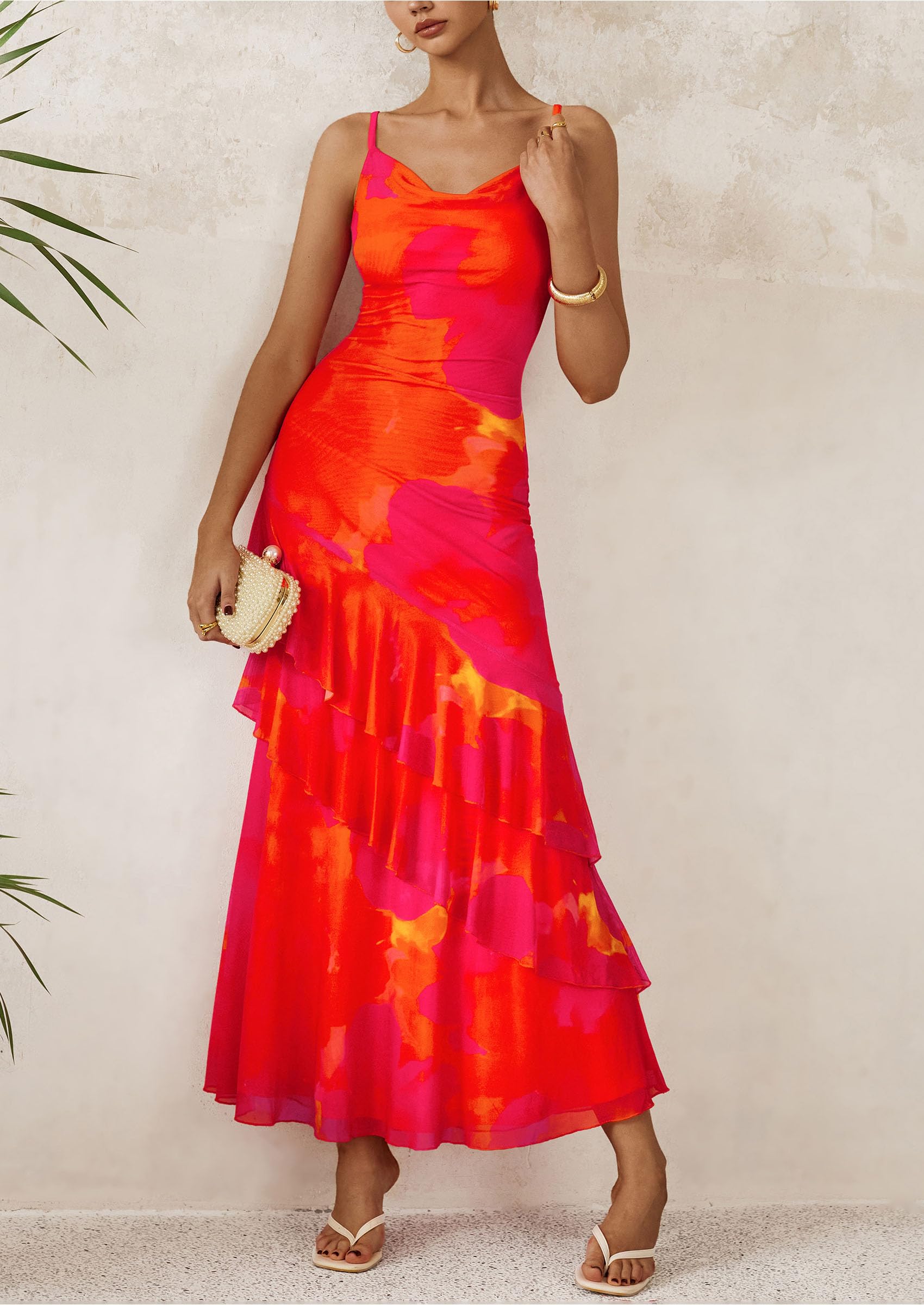 PRETTYGARDEN Maxi Dresses for Women Floral Beach Sundress Spaghetti Strap Tiered Wedding Guest Long Dress