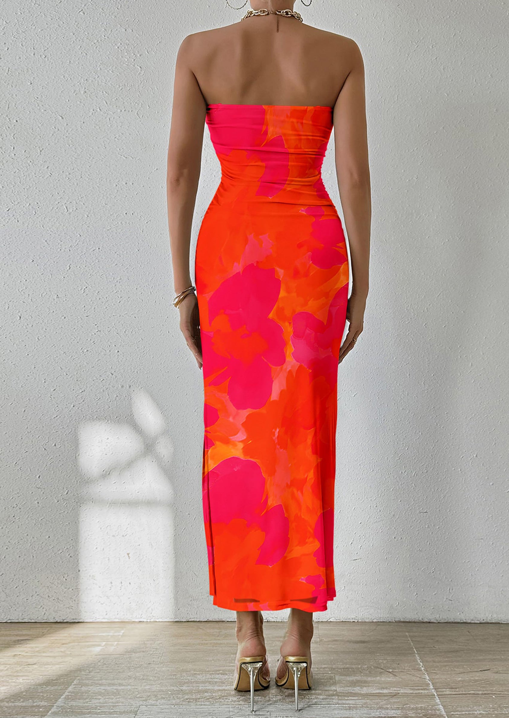 PRETTYGARDEN Women's Maxi Bodycon Dresses Strapless Tube Top Slit Floral Printed Party Club Long Dress