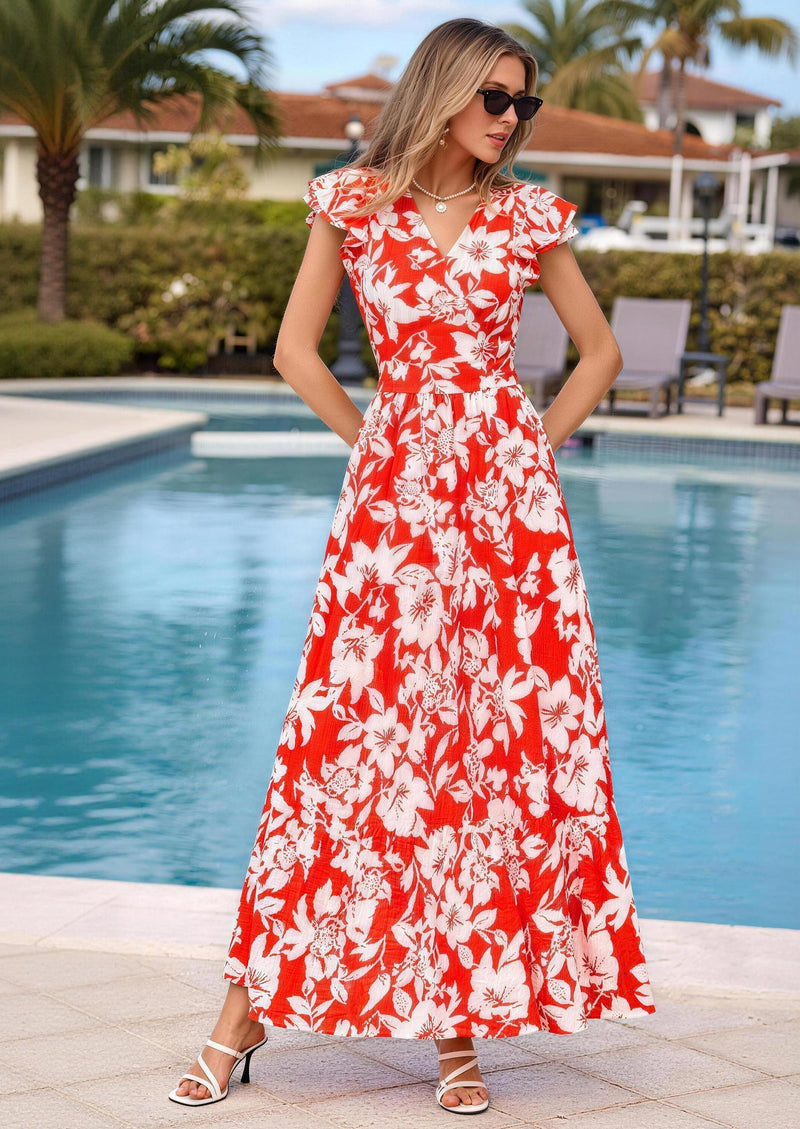 PRETTYGARDEN Womens Summer Maxi Dresses Casual V Neck Ruffle Sleeve Wrap V Neck Floral A Line Flowy Beach Boho Dress PRETTYGARDEN