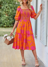 PRETTYGARDEN Women's Summer Casual Dresses Spring Puff Sleeve Square Neck A Line Flowy Boho Floral Smocked Midi Dress PRETTYGARDEN