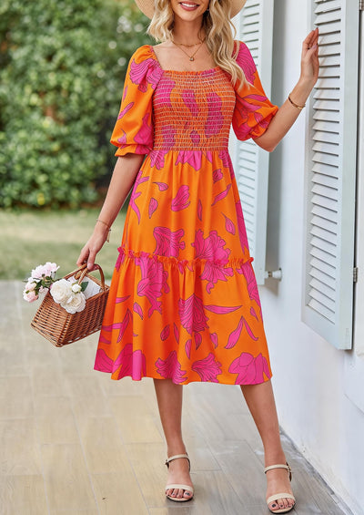 PRETTYGARDEN Women's Summer Casual Dresses Spring Puff Sleeve Square Neck A Line Flowy Boho Floral Smocked Midi Dress