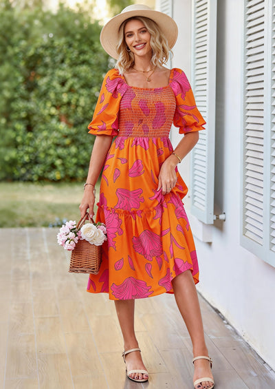 PRETTYGARDEN Women's Summer Casual Dresses Spring Puff Sleeve Square Neck A Line Flowy Boho Floral Smocked Midi Dress PRETTYGARDEN